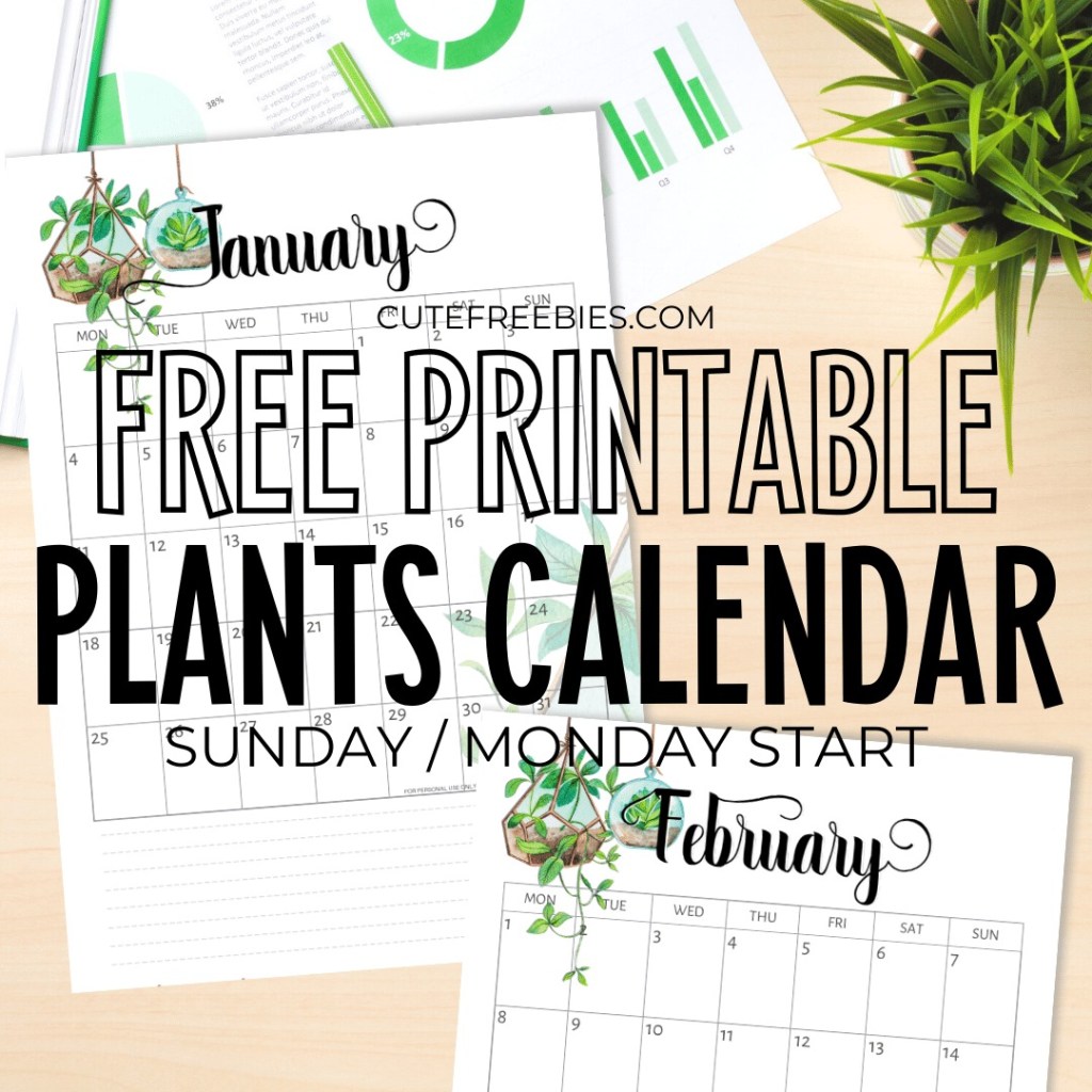 Free Printable 2025 Green Plants Calendar - 12 monthly planners with hanging plants design. #freeprintable #cutefreebiesforyou #2025
