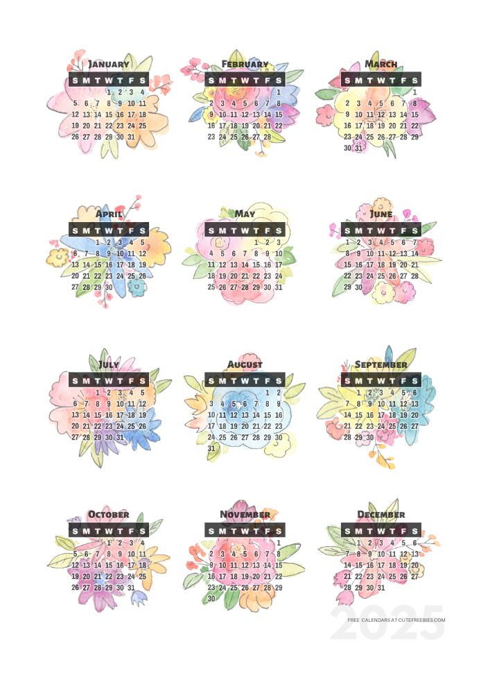 2025 free printable 12 month calendar - cute flowers calendar stickers - SEE PREVIOUS POST TO DOWNLOAD THE PDF #cutefreebiesforyou