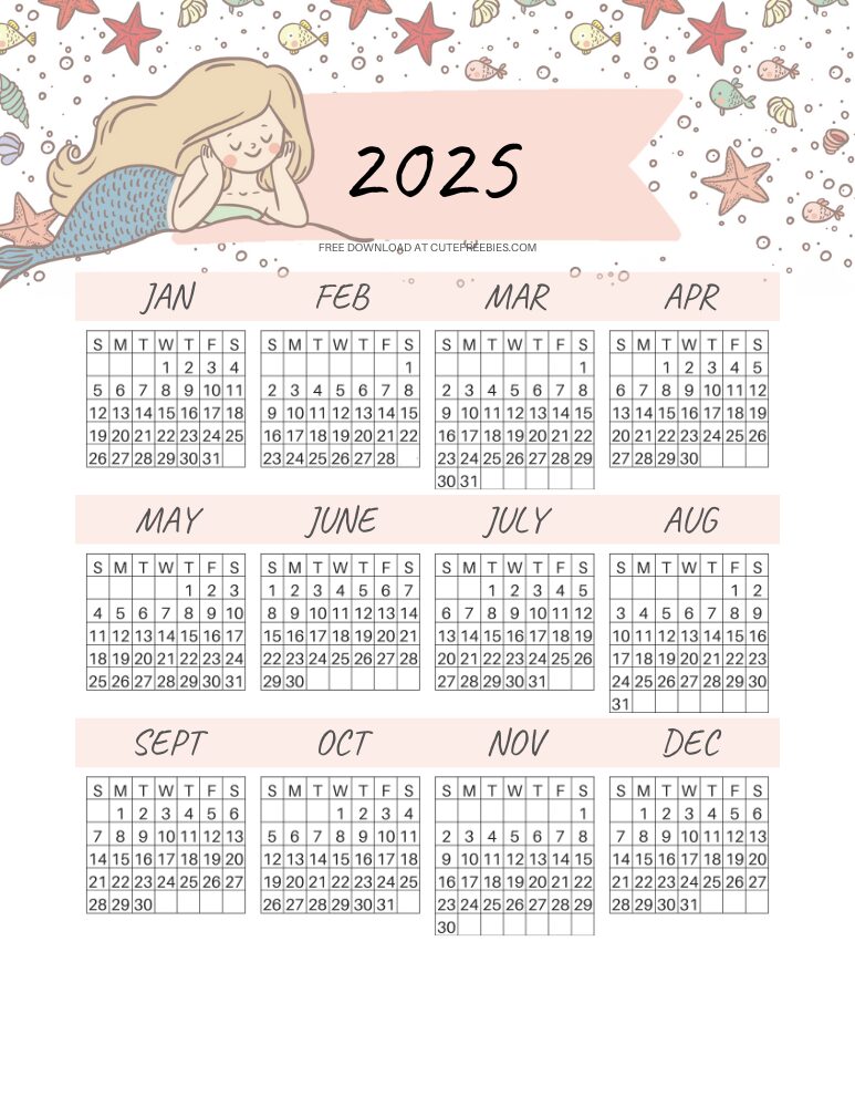 Free Little Mermaid Calendar For 2025! This cute 2025 monthly calendar has a unique mermaid for each month. Free download now! #cutefreebies #freeprintable #thelittlemermaid