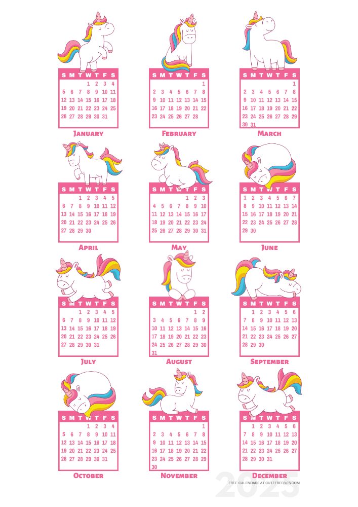 Year 2025 free printable 12 month calendar - cute unicorns calendar stickers - SEE PREVIOUS POST TO DOWNLOAD THE PDF #cutefreebiesforyou