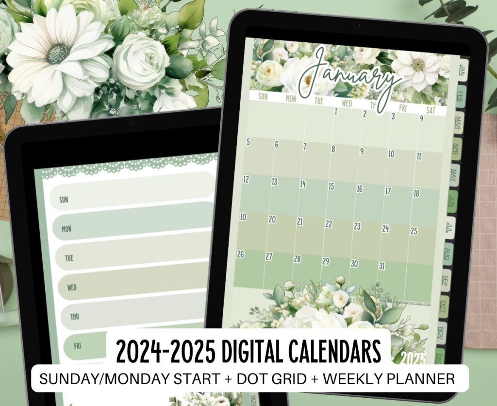 2024 2025 Digital monthly planner calendar template PDF for Goodnotes and other apps
