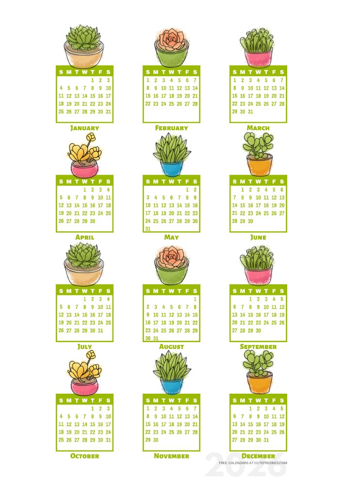 2026 free printable 12 month calendar - cute succulents plants calendar stickers - SEE PREVIOUS POST TO DOWNLOAD THE PDF #cutefreebiesforyou
