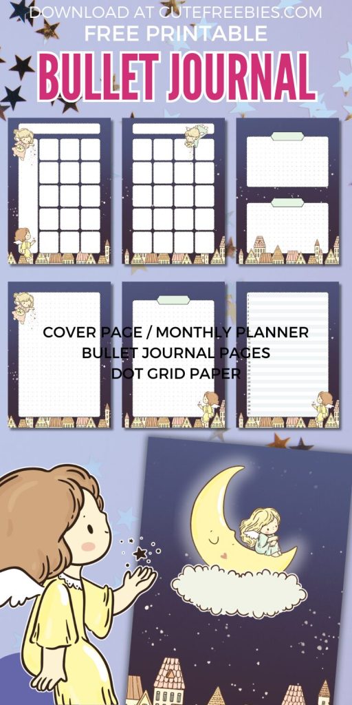 Free printable bullet journal PDF template with angel night theme