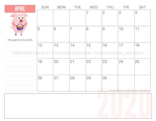 April 2020 calendar printable pdf - cute pigs monthly goals planner! #freeprintable #cutefreebiesforyou #cutepigs