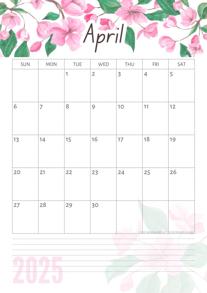 April 2025 free printable calendar with pink cherry blossoms #cutefreebiesforyou - SEE PREVIOUS POST TO DOWNLOAD THE COMPLETE 2025 CALENDAR
