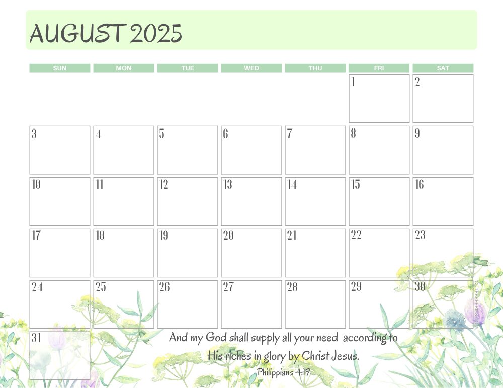 August 2025 printable calendar with Bible verse - monthly planner PDF - SEE PREVIOUS POST TO DOWNLOAD THE COMPLETE 2025 CALENDAR #cutefreebiesforyou #freeprintable #Bibleverse