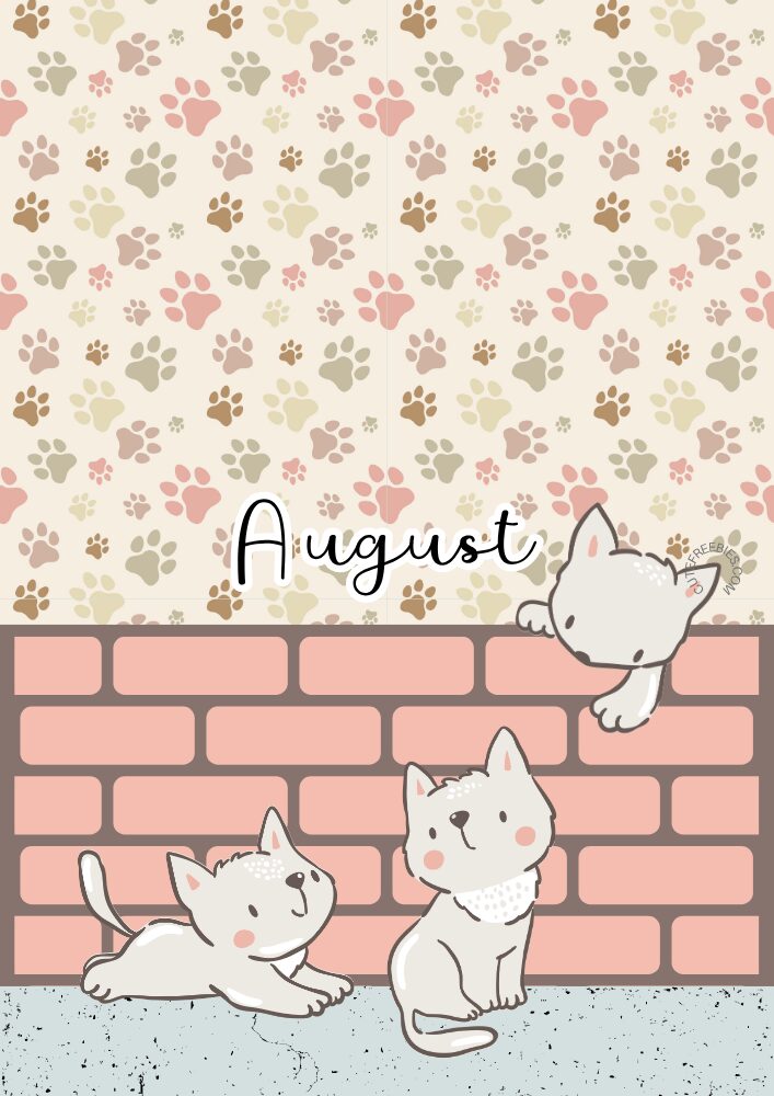 Free printable August bullet journal PDF template with cute cozy cat theme