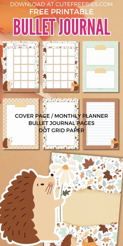 Free printable autumn bullet journal PDF template with cute fall hedgehogs theme
