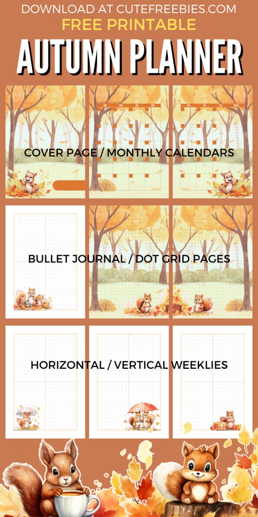 Cute autumn printable planner - free printable cute fall theme bullet journal with squirrels #cutefreebiesforyou #bulletjournal #freeprints #printableplanner