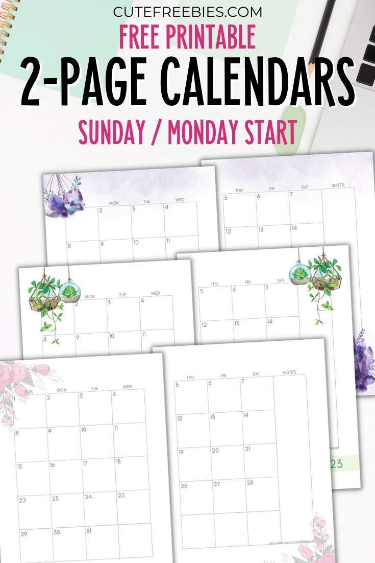 Free Printable 2026 2025 Monthly Calendar two page spread, calendar in two pages. Get your free PDF download now! #freeprintable #cutefreebiesforyou #crystals #hangingplants #diyplanner #homebinder