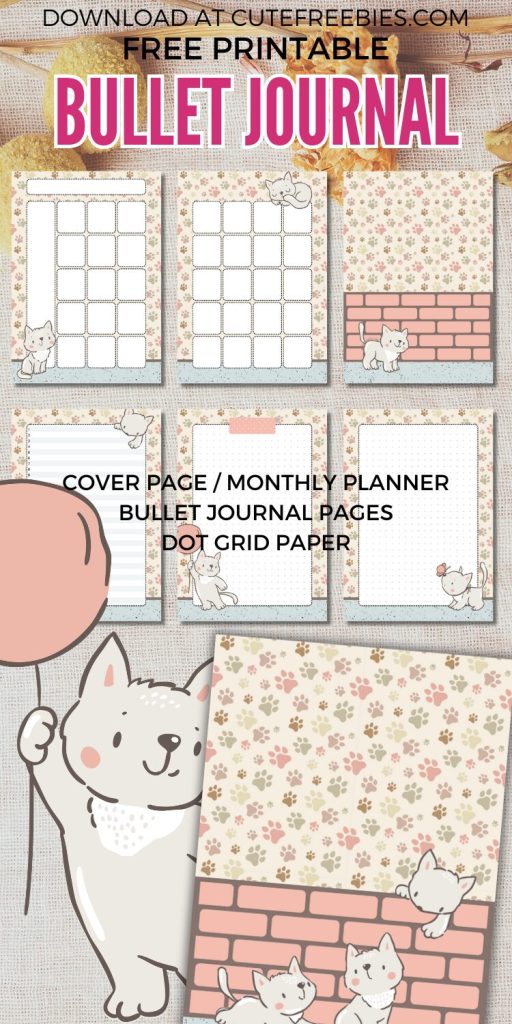 Free printable bullet journal PDF template with cute cats cozy theme