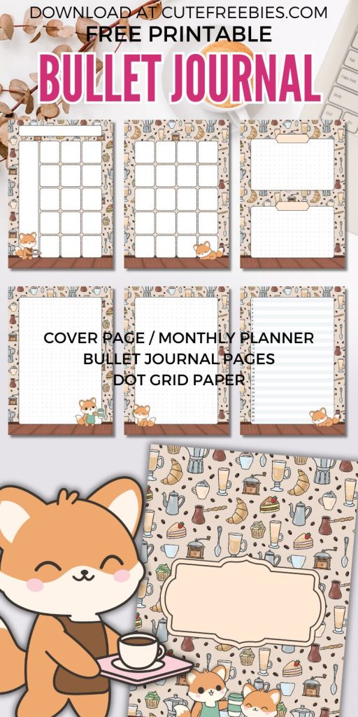 Free printable bullet journal PDF template with fox and coffee theme