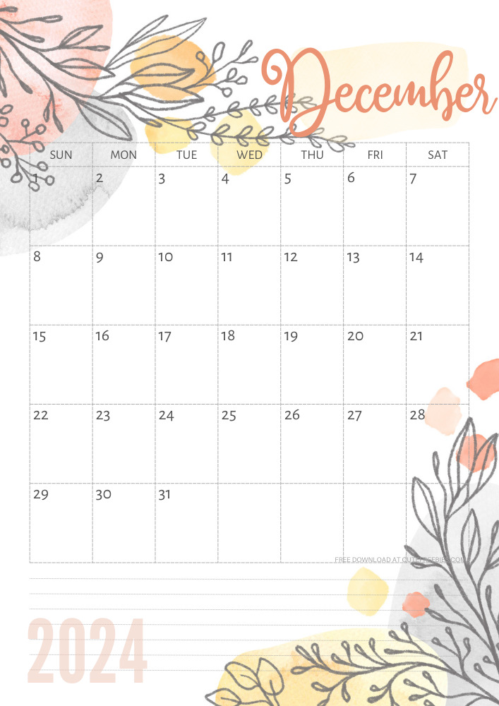 December 2024 pretty monthly calendar template free printable #cutefreebiesforyou #freeprintable - SEE PREVIOUS POST TO DOWNLOAD THE COMPLETE 2024 CALENDAR