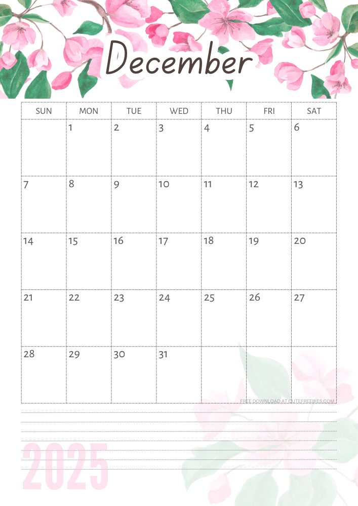 December 2025 free printable calendar with pink cherry blossoms #cutefreebiesforyou - SEE PREVIOUS POST TO DOWNLOAD THE COMPLETE 2025 CALENDAR
