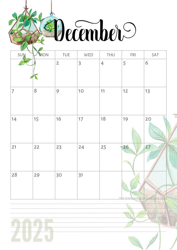 December 2025 free printable calendar with green plants - CLICK PREVIOUS POST TO DOWNLOAD THE COMPLETE 2025 CALENDAR