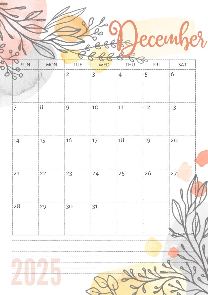 December 2025 pretty monthly calendar template free printable #cutefreebiesforyou #freeprintable - SEE PREVIOUS POST TO DOWNLOAD THE COMPLETE 2025 CALENDAR