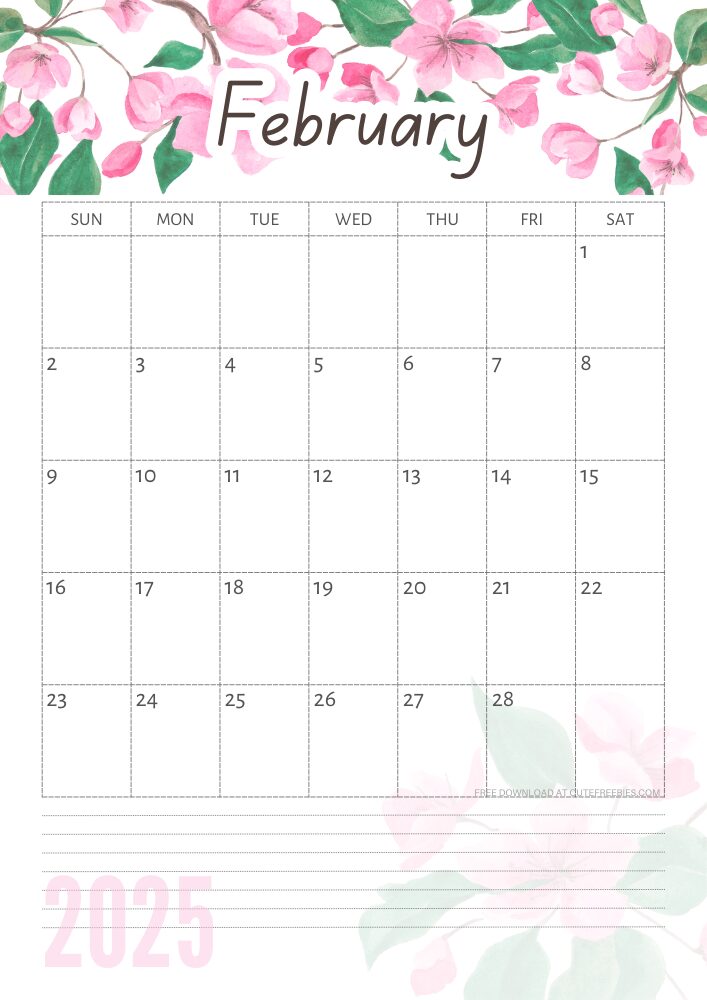 February 2025 free printable calendar with pink cherry blossoms #cutefreebiesforyou - SEE PREVIOUS POST TO DOWNLOAD THE COMPLETE 2025 CALENDAR