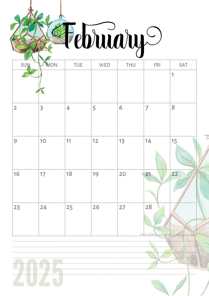 February 2025 free printable calendar with green plants - CLICK PREVIOUS POST TO DOWNLOAD THE COMPLETE 2025 CALENDAR