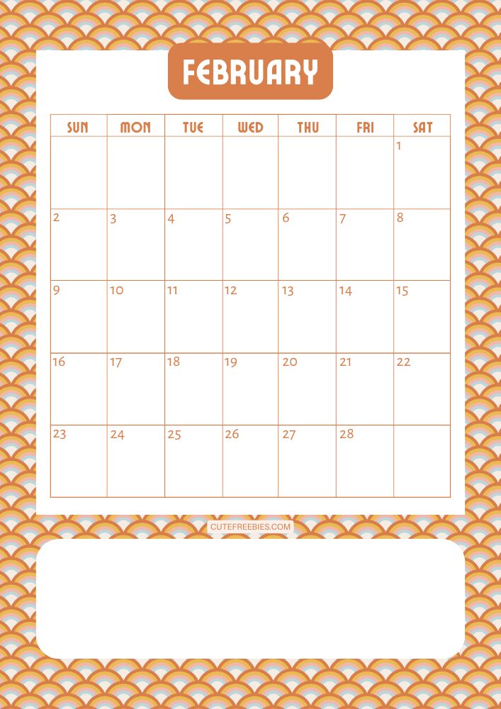 February 2025 colorful retro calendar free printable cutefreebiesforyou - SEE PREVIOUS POST TO DOWNLOAD THE COMPLETE 2025 CALENDAR