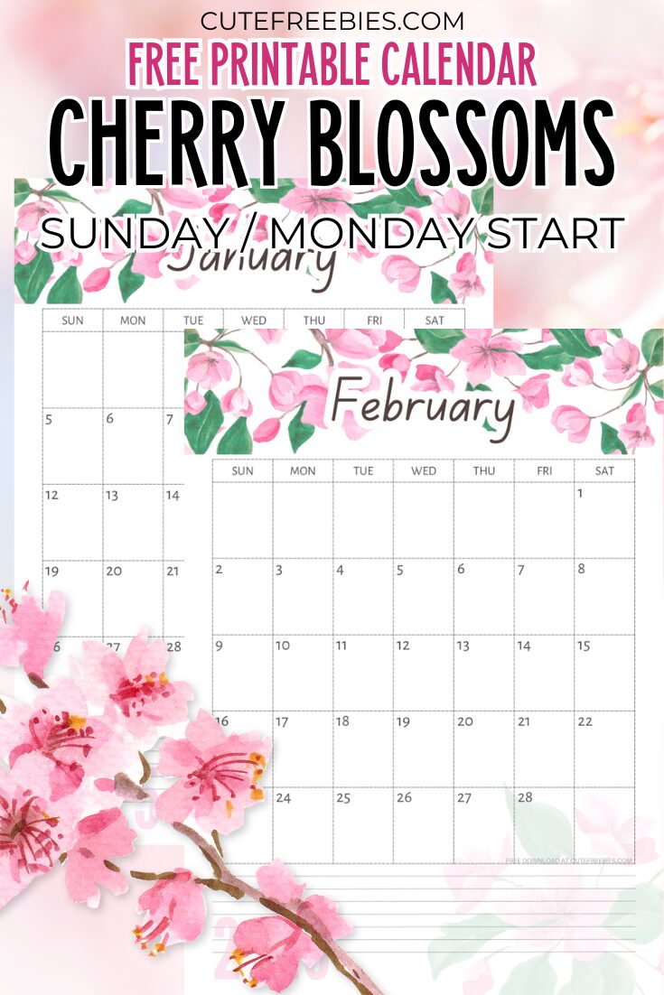 Free Printable 2025 Cherry Blossoms Calendar - floral pink monthly calendar PDF with sakura flowers or cherry blossoms #freeprintable #cutefreebiesforyou #sakura #cherryblossoms