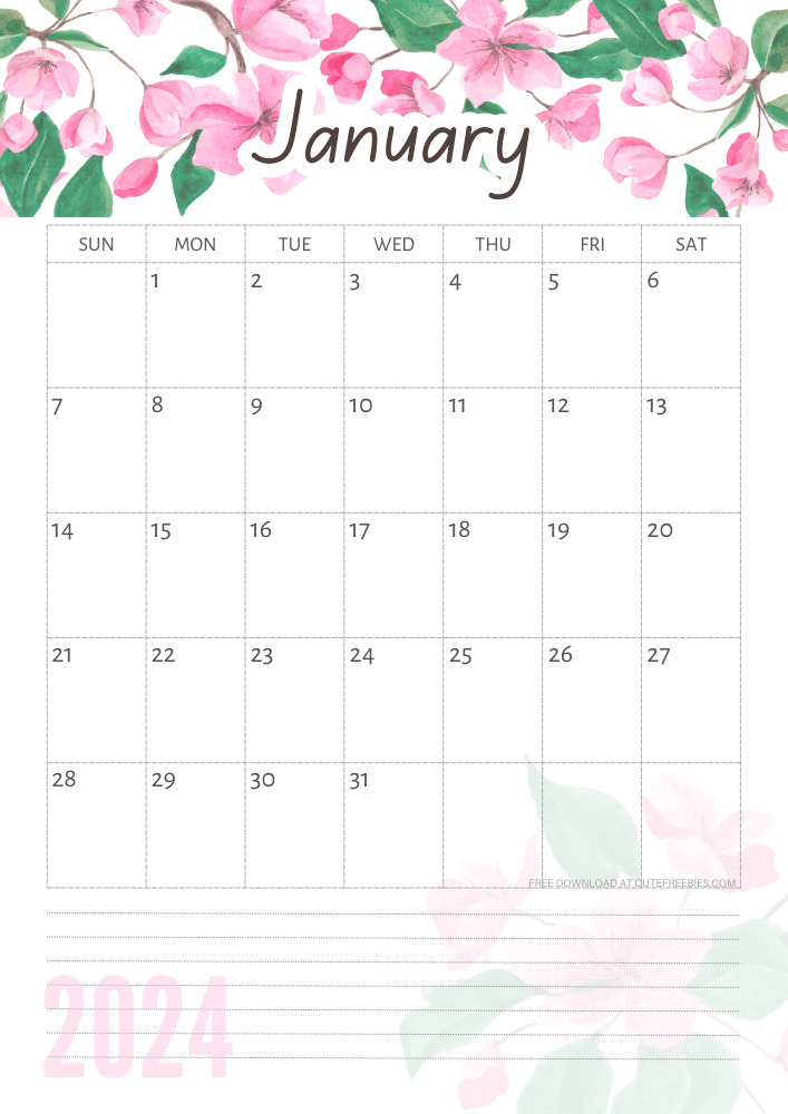 January 2024 free printable calendar with pink cherry blossoms #cutefreebiesforyou - SEE PREVIOUS POST TO DOWNLOAD THE COMPLETE 2024 CALENDAR