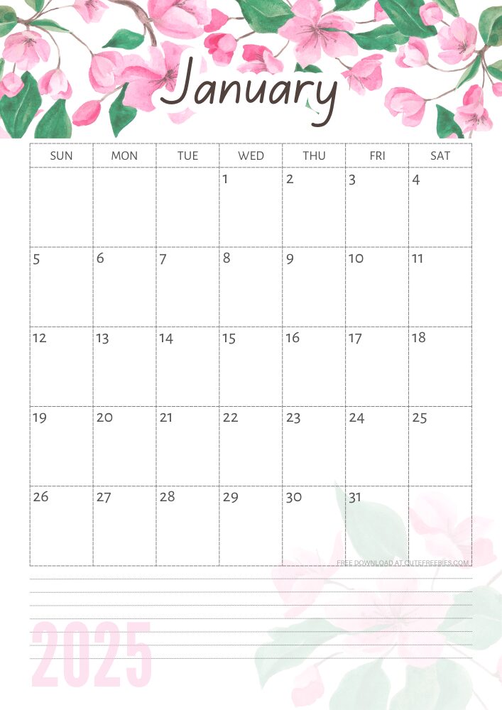 January 2025 free printable calendar with pink cherry blossoms #cutefreebiesforyou - SEE PREVIOUS POST TO DOWNLOAD THE COMPLETE 2025 CALENDAR