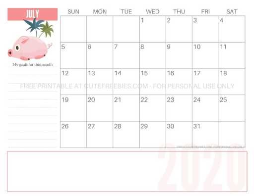 July 2020 calendar printable pdf - cute pigs monthly goals planner! #freeprintable #cutefreebiesforyou #cutepigs