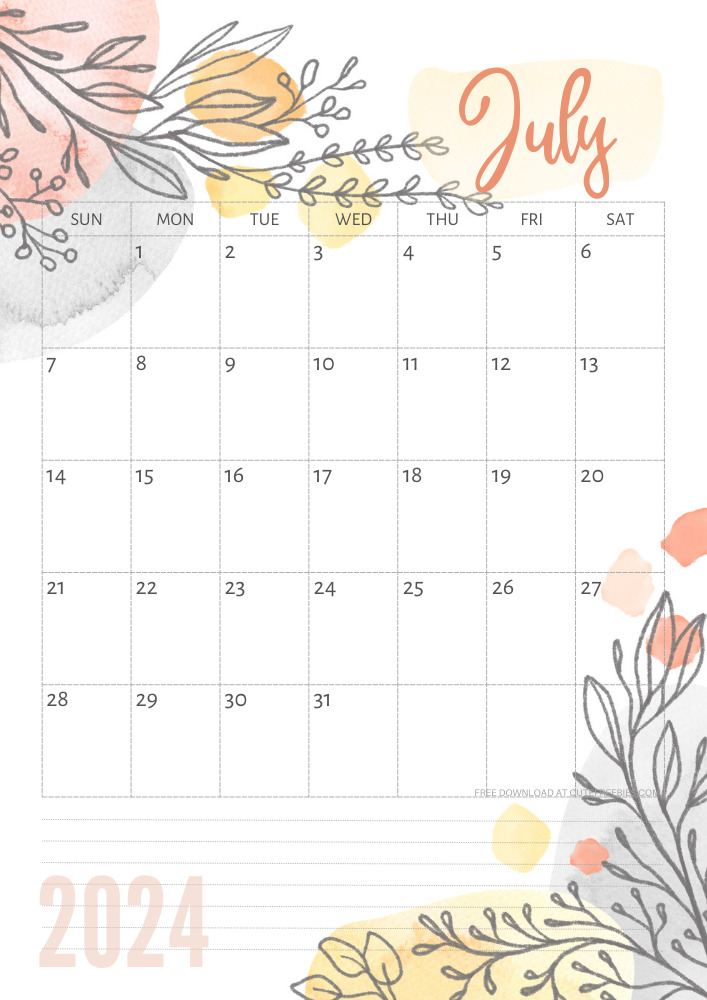 July 2024 pretty monthly calendar template free printable #cutefreebiesforyou #freeprintable - SEE PREVIOUS POST TO DOWNLOAD THE COMPLETE 2024 CALENDAR