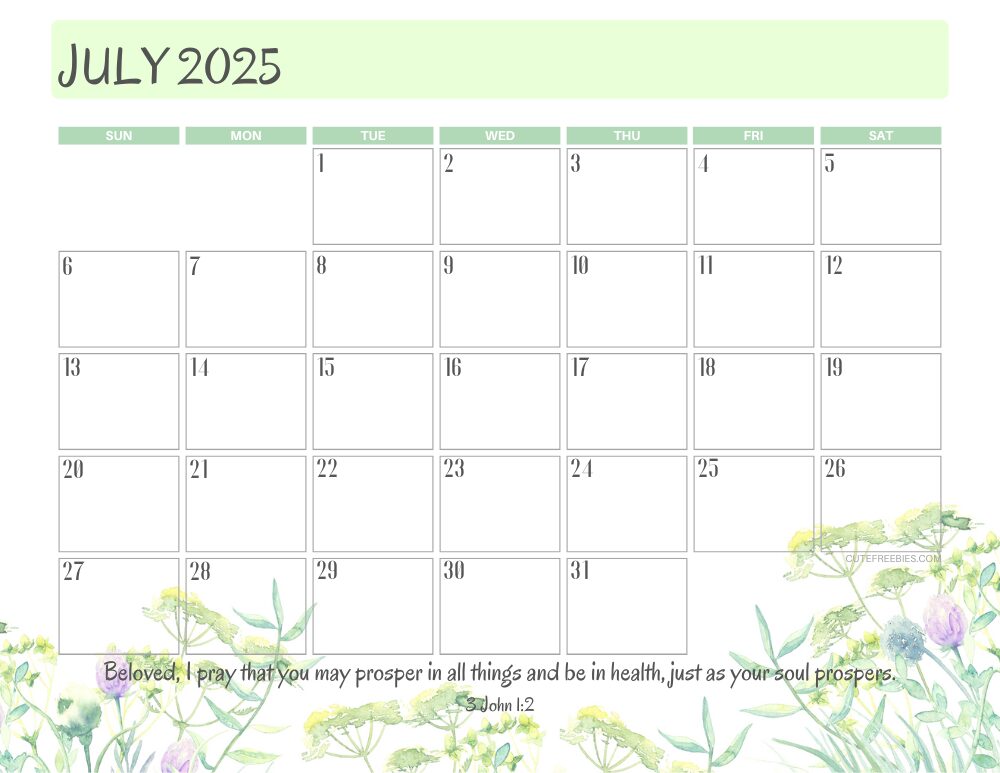 July 2025 printable calendar with Bible verse - monthly planner PDF - SEE PREVIOUS POST TO DOWNLOAD THE COMPLETE 2025 CALENDAR #cutefreebiesforyou #freeprintable #Bibleverse