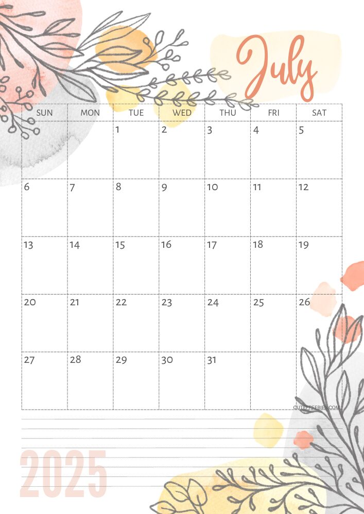July 2025 pretty monthly calendar template free printable #cutefreebiesforyou #freeprintable - SEE PREVIOUS POST TO DOWNLOAD THE COMPLETE 2025 CALENDAR