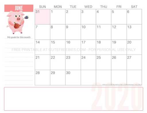 June 2020 calendar printable pdf - cute pigs monthly goals planner! #freeprintable #cutefreebiesforyou #cutepigs