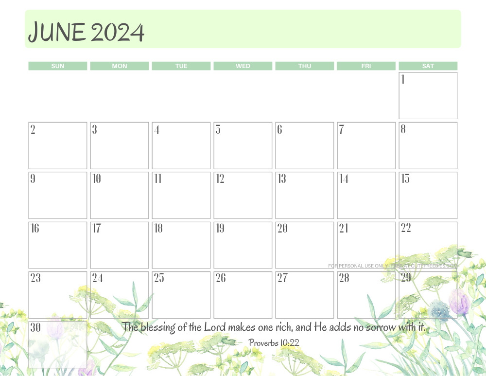 June 2024 printable calendar with Bible verse - monthly planner PDF - SEE PREVIOUS POST TO DOWNLOAD THE COMPLETE 2024 CALENDAR #cutefreebiesforyou #freeprintable