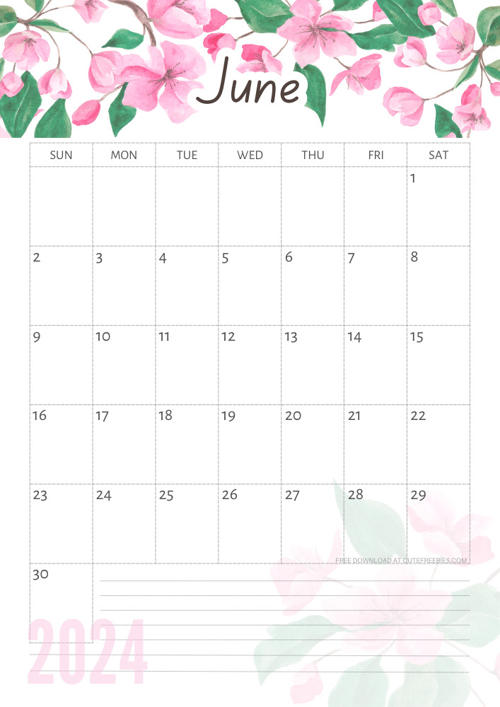 June 2024 free printable calendar with pink cherry blossoms #cutefreebiesforyou - SEE PREVIOUS POST TO DOWNLOAD THE COMPLETE 2024 CALENDAR