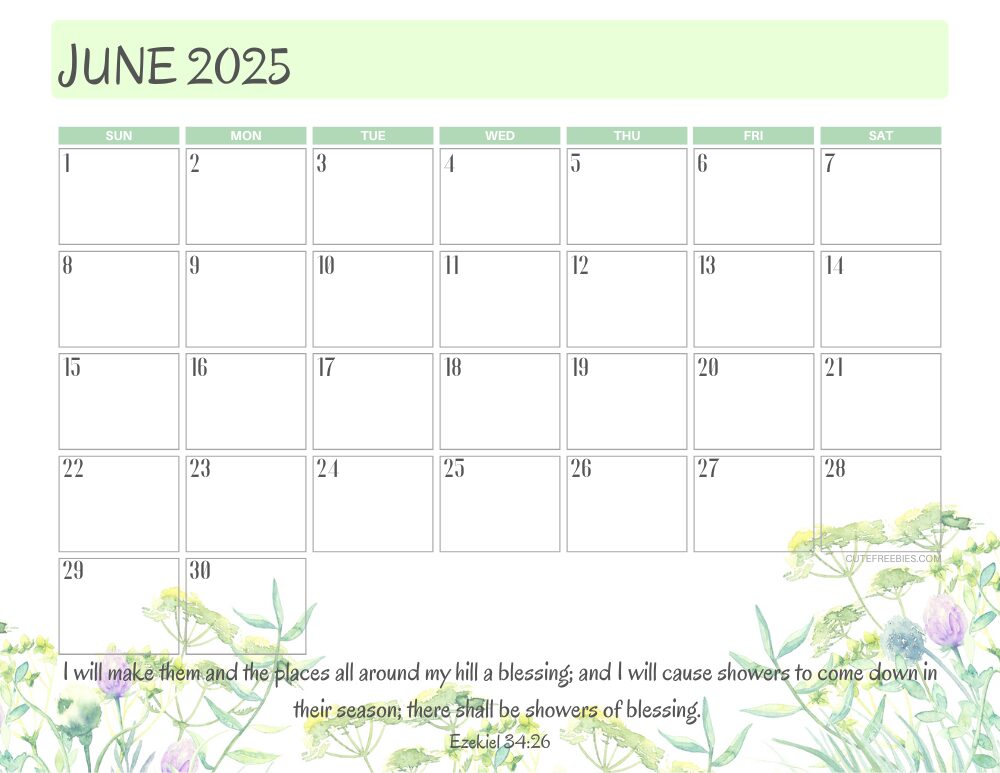 June 2025 printable calendar with Bible verse - monthly planner PDF - SEE PREVIOUS POST TO DOWNLOAD THE COMPLETE 2025 CALENDAR #cutefreebiesforyou #freeprintable #Bibleverse
