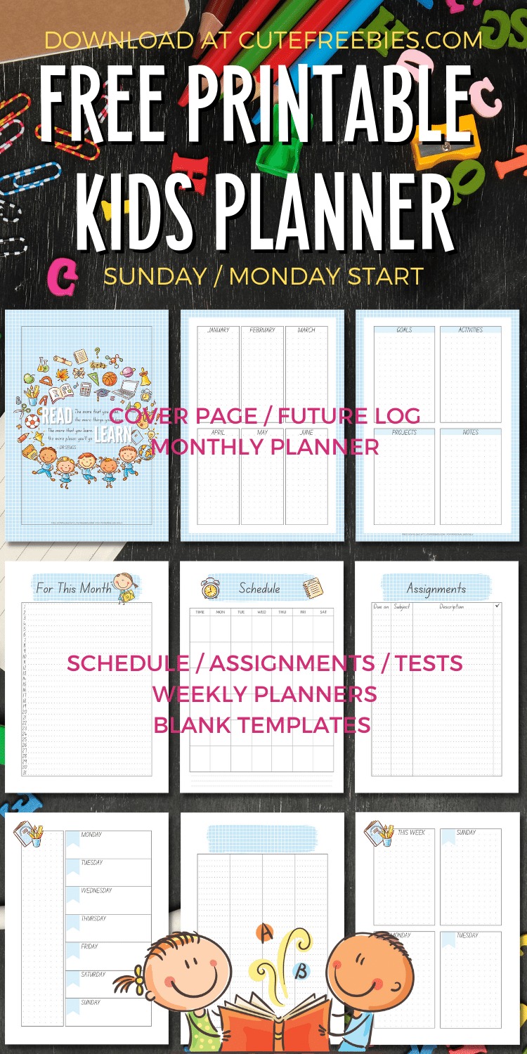 Free Printable Kids Planner Template - Cute planner pages for your school binder, Sunday or Monday start kids planner #cutefreebiesforyou #backtoschool #freeprintable