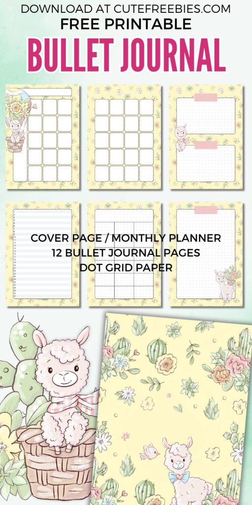 Free printable monthly bullet journal - monthly planner template PDF with cute llama floral yellow theme #cutefreebiesforyou #printableplanner #freeprintable #bulletjournal #llama