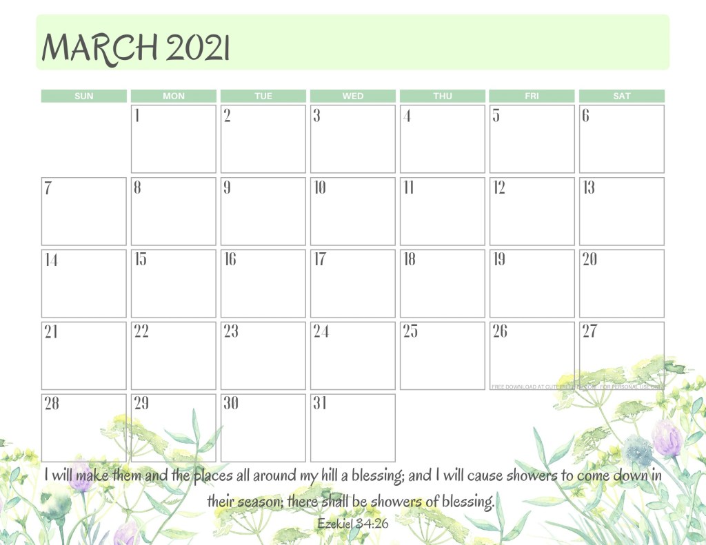March 2021 printable calendar with bible verse - monthly planner PDF - SEE PREVIOUS POST TO DOWNLOAD THE FREE PDF CALENDAR #cutefreebiesforyou #freeprintable