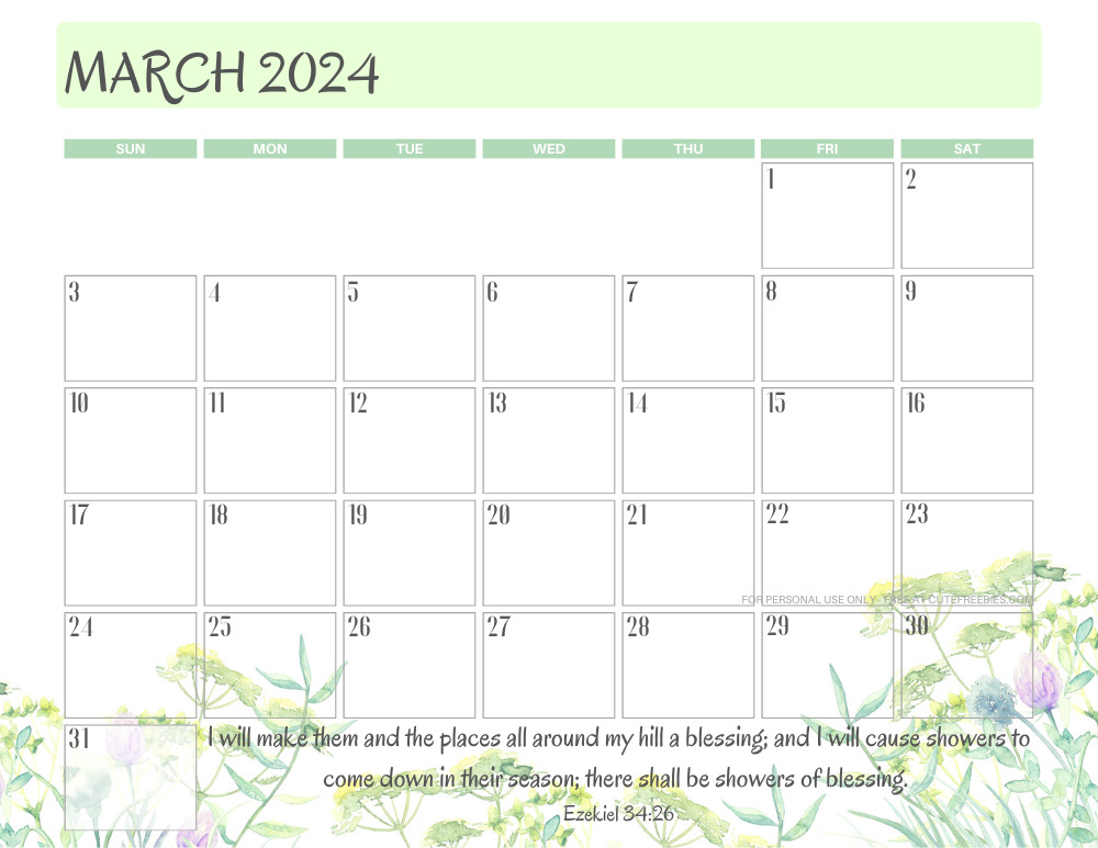 March 2024 printable calendar with Bible verse - monthly planner PDF - SEE PREVIOUS POST TO DOWNLOAD THE COMPLETE 2024 CALENDAR #cutefreebiesforyou #freeprintable