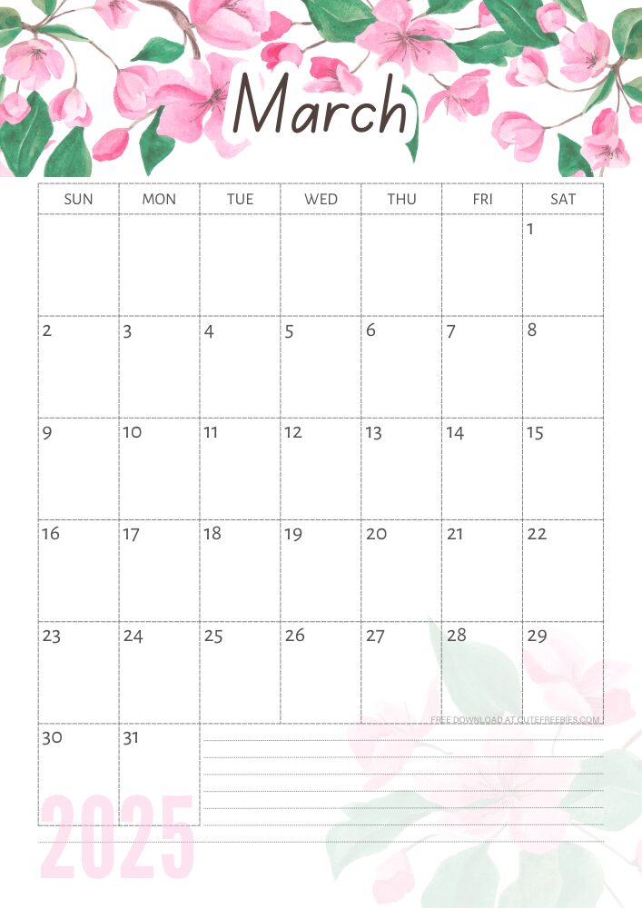 March 2025 free printable calendar with pink cherry blossoms #cutefreebiesforyou - SEE PREVIOUS POST TO DOWNLOAD THE COMPLETE 2025 CALENDAR