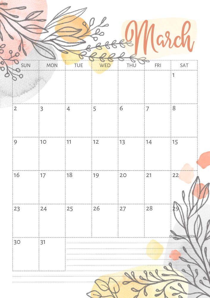 March 2025 pretty monthly calendar template free printable #cutefreebiesforyou #freeprintable - SEE PREVIOUS POST TO DOWNLOAD THE COMPLETE 2025 CALENDAR