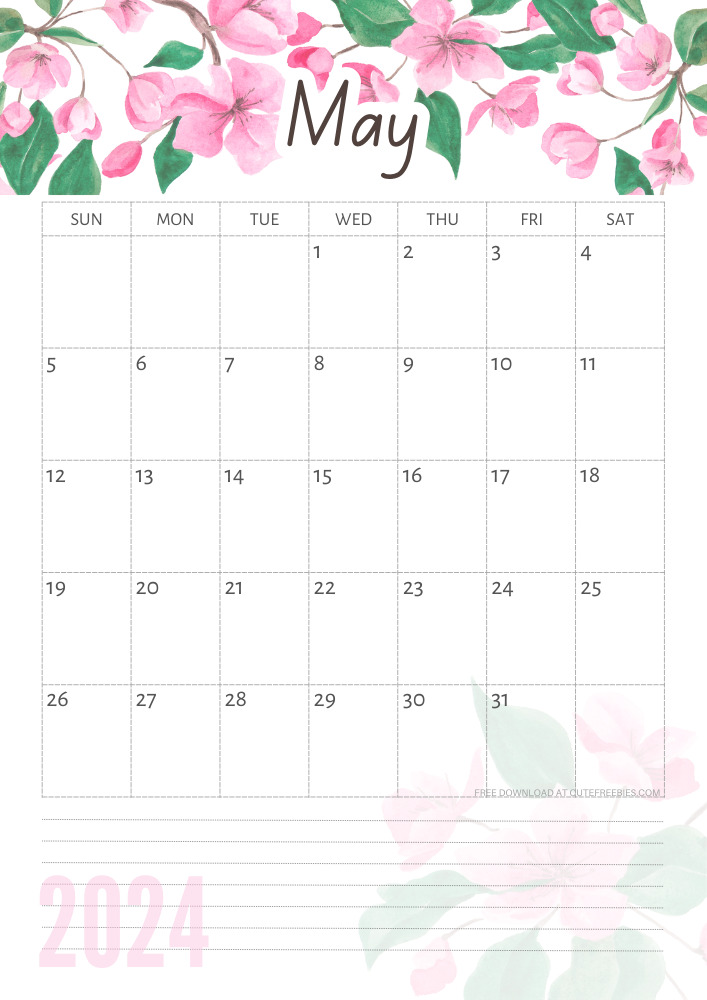 May 2024 free printable calendar with pink cherry blossoms #cutefreebiesforyou - SEE PREVIOUS POST TO DOWNLOAD THE COMPLETE 2024 CALENDAR