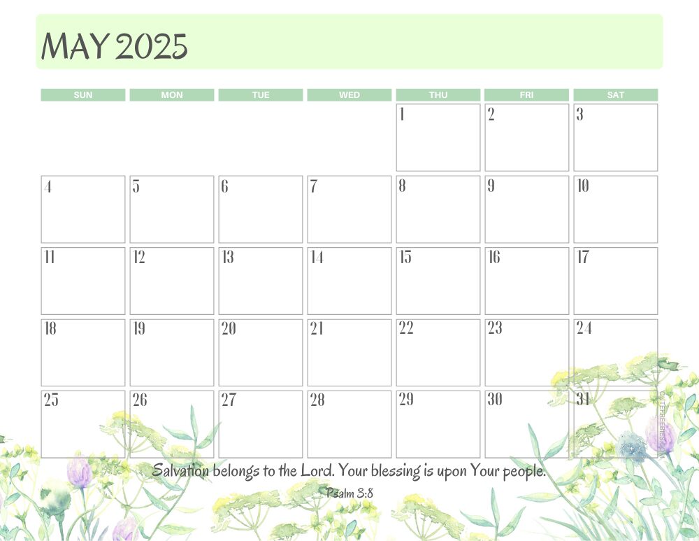 May 2025 printable calendar with Bible verse - monthly planner PDF - SEE PREVIOUS POST TO DOWNLOAD THE COMPLETE 2025 CALENDAR #cutefreebiesforyou #freeprintable #Bibleverse