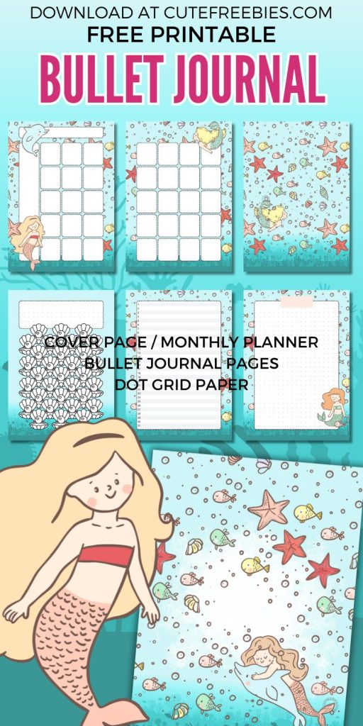 Free printable bullet journal PDF template with cute mermaids and underwater sea theme