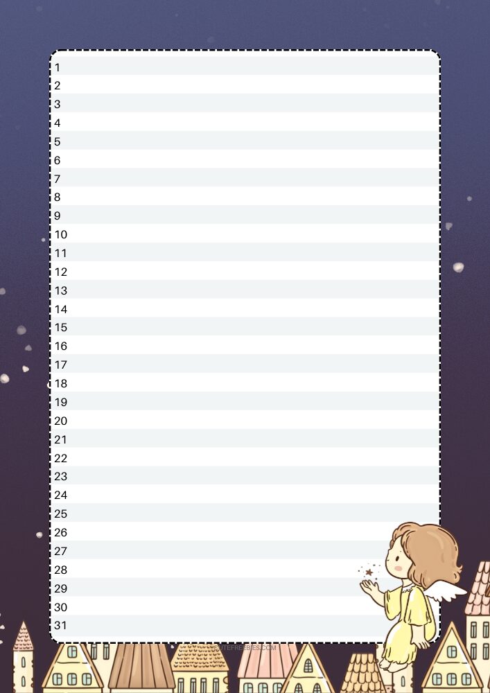 Free printable monthly log bullet journal timeline PDF template with angel night theme