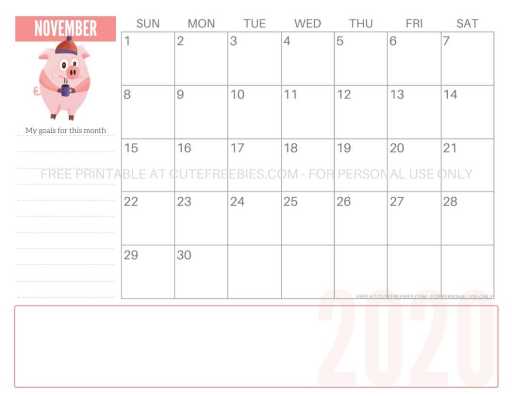 November 2020 calendar printable pdf - cute pigs monthly goals planner! #freeprintable #cutefreebiesforyou #cutepigs