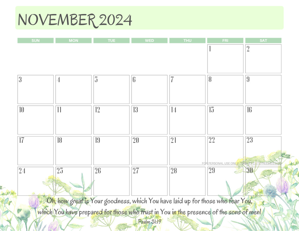 NOvember 2024 printable calendar with Bible verse - monthly planner PDF - SEE PREVIOUS POST TO DOWNLOAD THE COMPLETE 2024 CALENDAR #cutefreebiesforyou #freeprintable