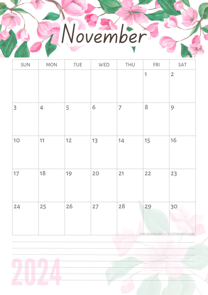 November 2024 free printable calendar with pink cherry blossoms #cutefreebiesforyou - SEE PREVIOUS POST TO DOWNLOAD THE COMPLETE 2024 CALENDAR