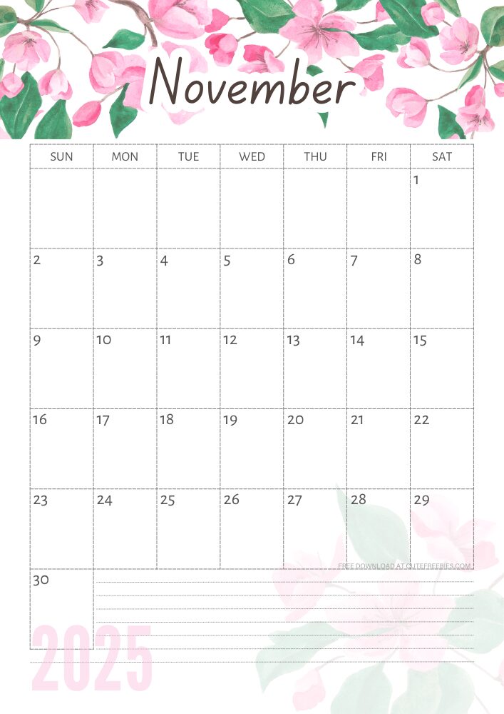 November 2025 free printable calendar with pink cherry blossoms #cutefreebiesforyou - SEE PREVIOUS POST TO DOWNLOAD THE COMPLETE 2025 CALENDAR