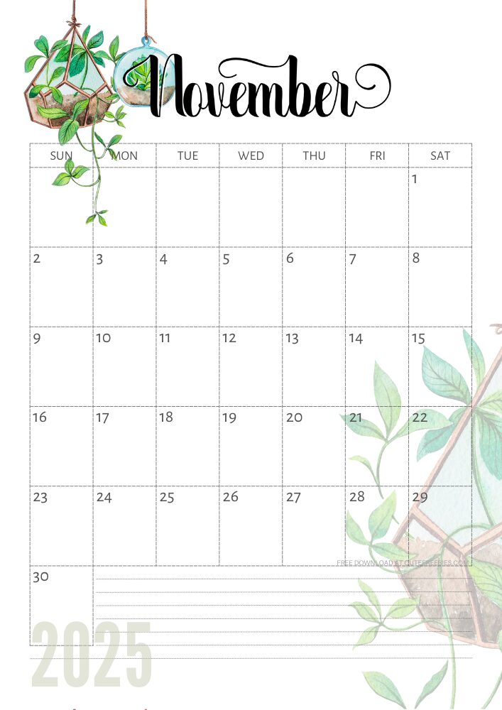 November 2025 free printable calendar with green plants - CLICK PREVIOUS POST TO DOWNLOAD THE COMPLETE 2025 CALENDAR