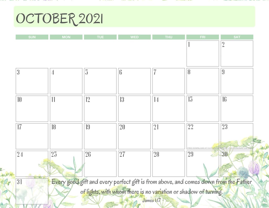 October 2021 printable calendar with bible verse - monthly planner PDF - SEE PREVIOUS POST TO DOWNLOAD THE FREE PDF CALENDAR #cutefreebiesforyou #freeprintable